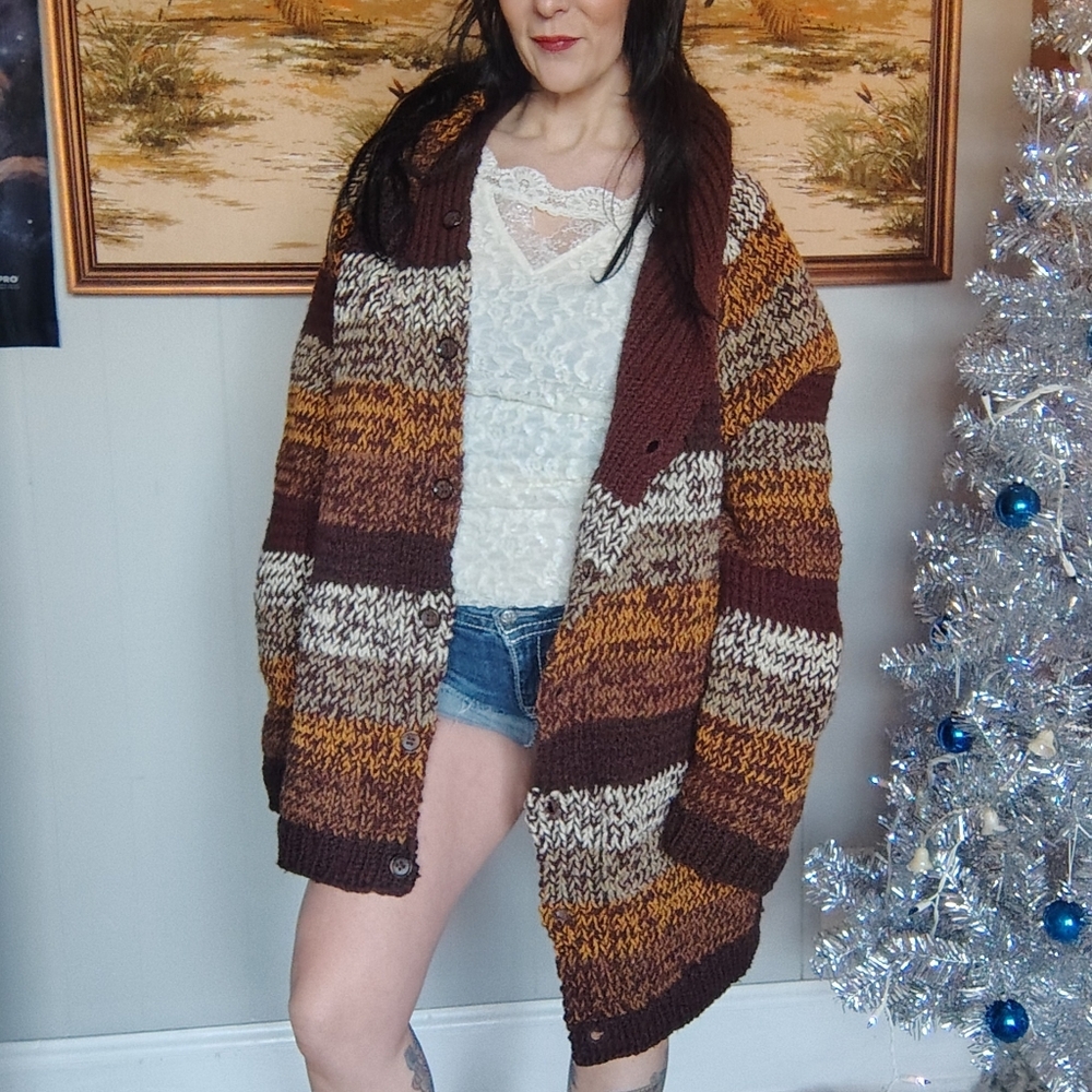 Handknit Brown Wool Cardigan Knit XXL Mens Oversized OOAK Striped Sweater 2XL